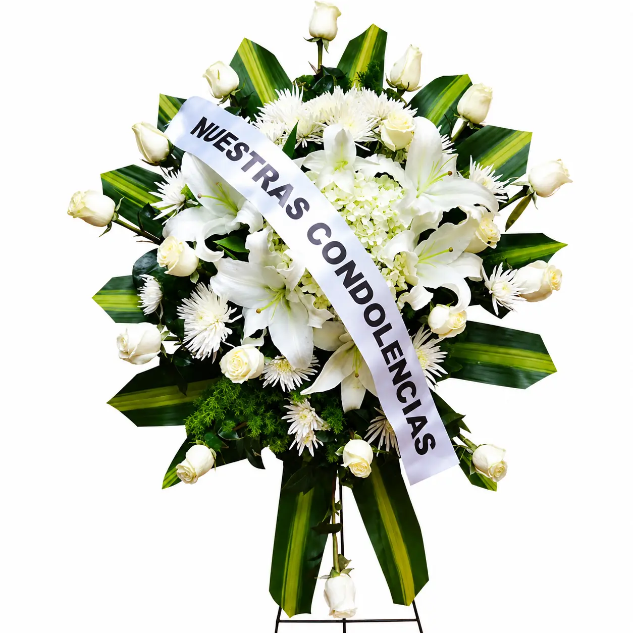 Arreglo floral de condolencias con rosas blancas lirios blancos y hortensias para velorio elegante y sobrio con entrega a domicilio en Lima